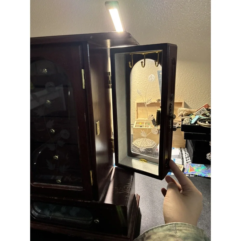 Vintage Wooden Jewelry Armoire Cabinet with‎ Etched Glass